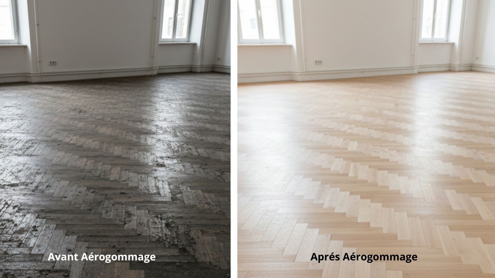 Parquet en bois, décapage avant et après aérogommage