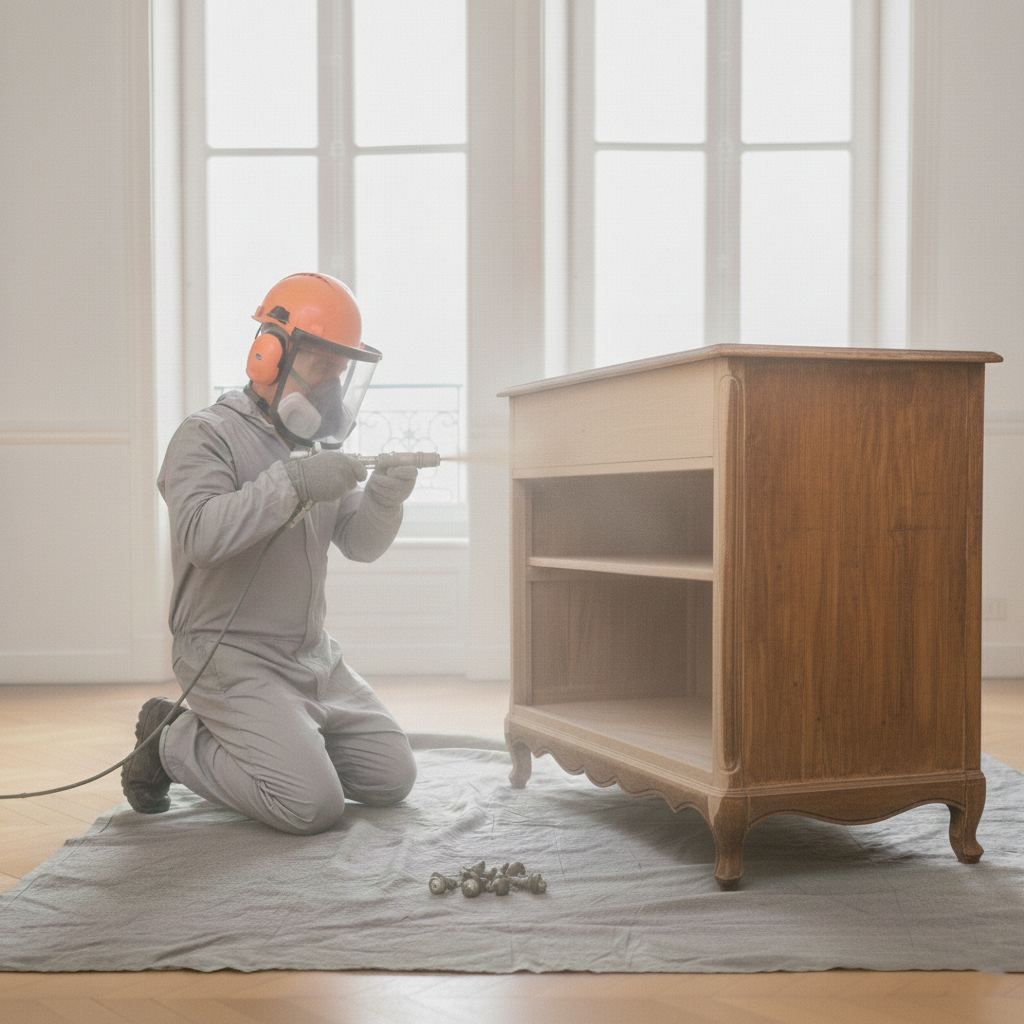 décapage d'un meuble vernis en bois grâce à une aérogommeuse