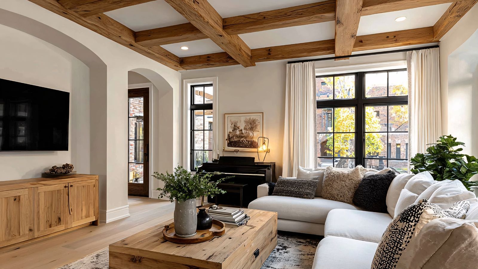Salon lumineux avec poutre en bois clair